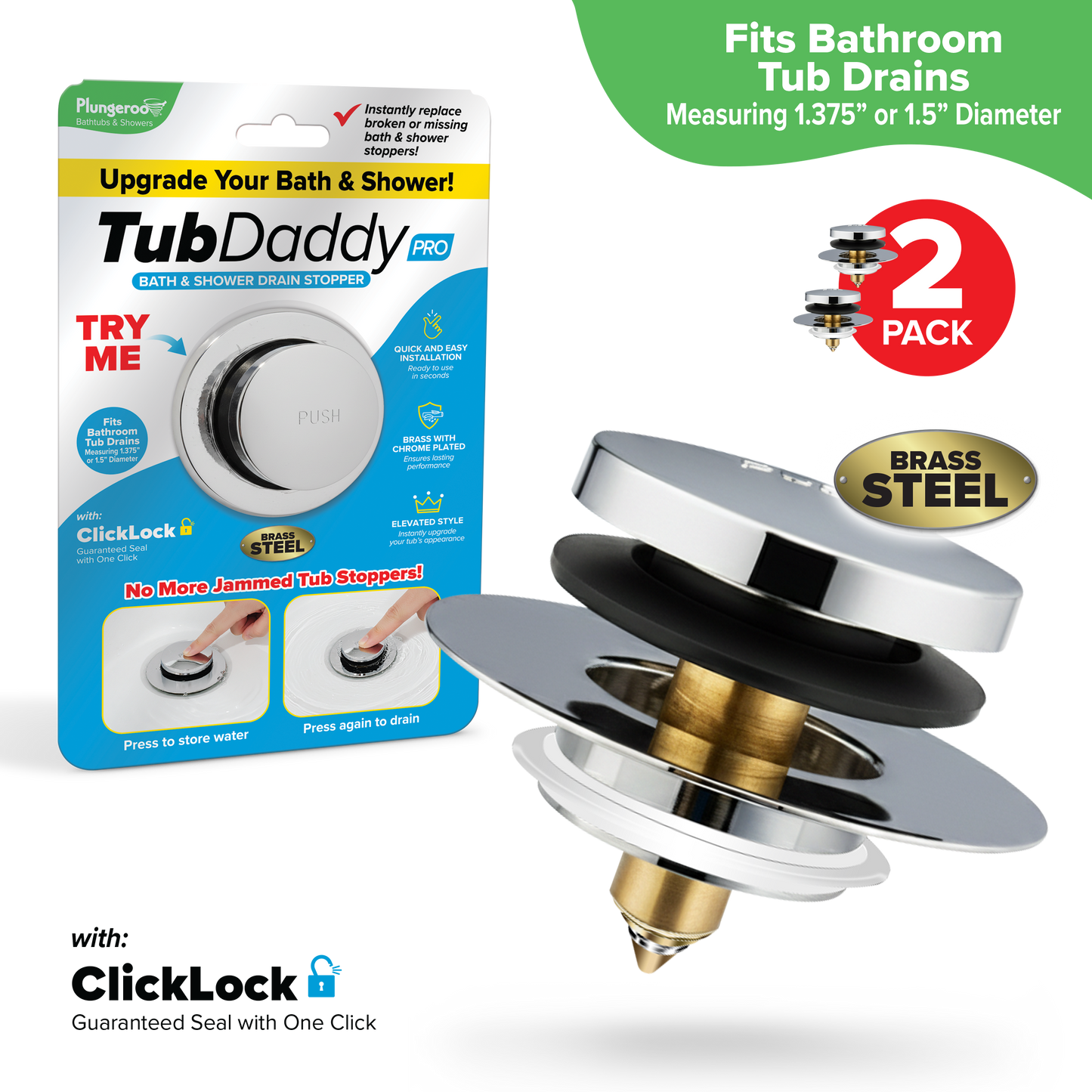 Tub Daddy Pro™ Universal Bathtub Drain Stopper – ClickLock Seal, Hair Catcher, Easy Install, Chrome & Nickel Finish