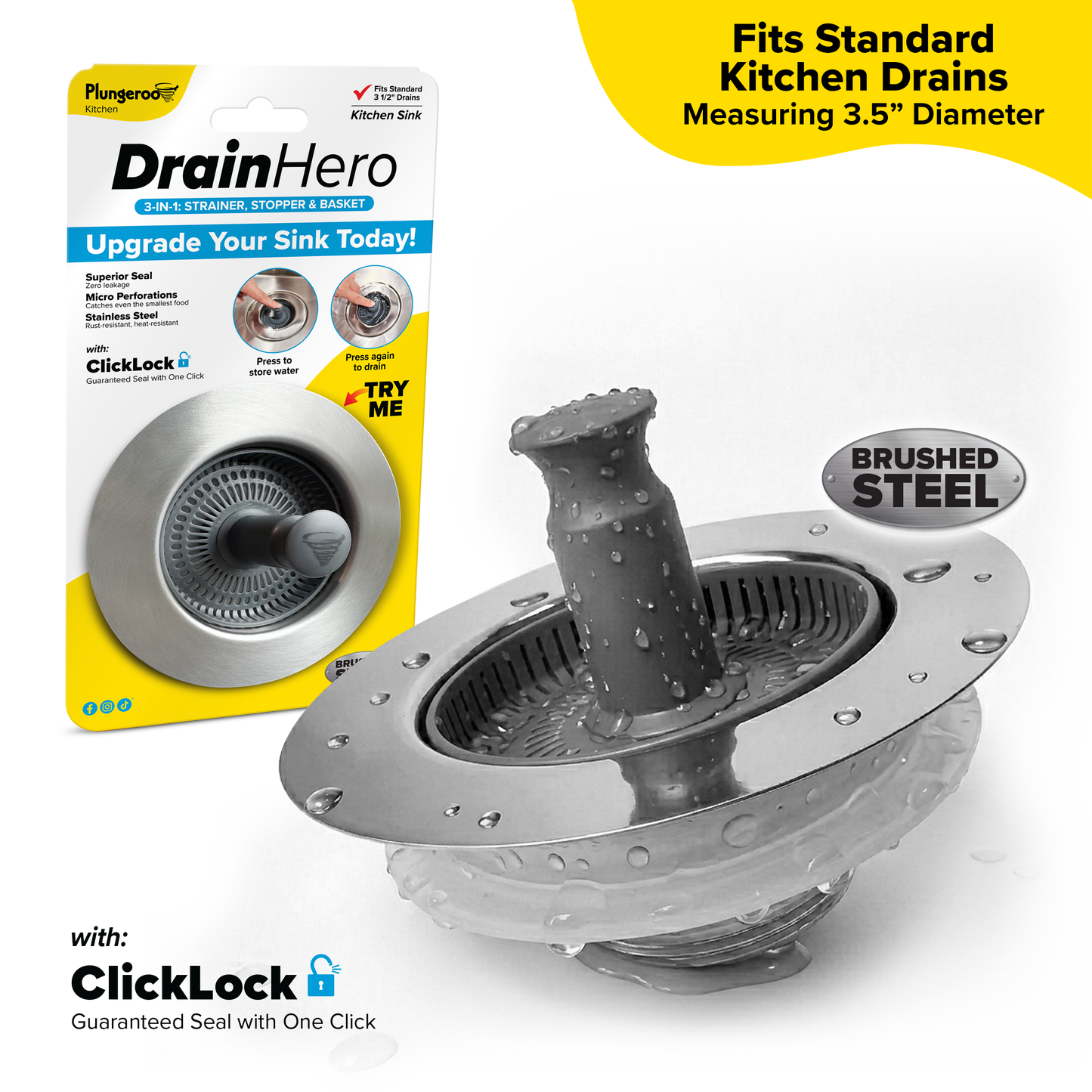 Drain Hero™ 3-in-1 Kitchen Sink Strainer, Stopper & Basket – Stainless Steel, Anti-Clog, Dishwasher Safe