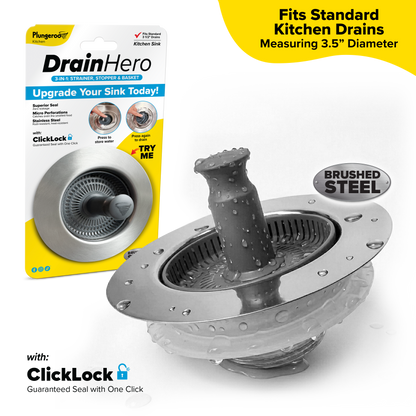 Drain Hero™ 3-in-1 Kitchen Sink Strainer, Stopper & Basket – Stainless Steel, Anti-Clog, Dishwasher Safe