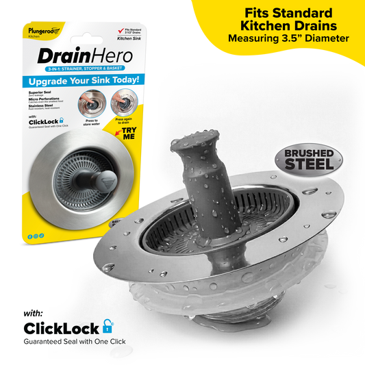 Drain Hero™ 3-in-1 Kitchen Sink Strainer, Stopper & Basket – Stainless Steel, Anti-Clog, Dishwasher Safe