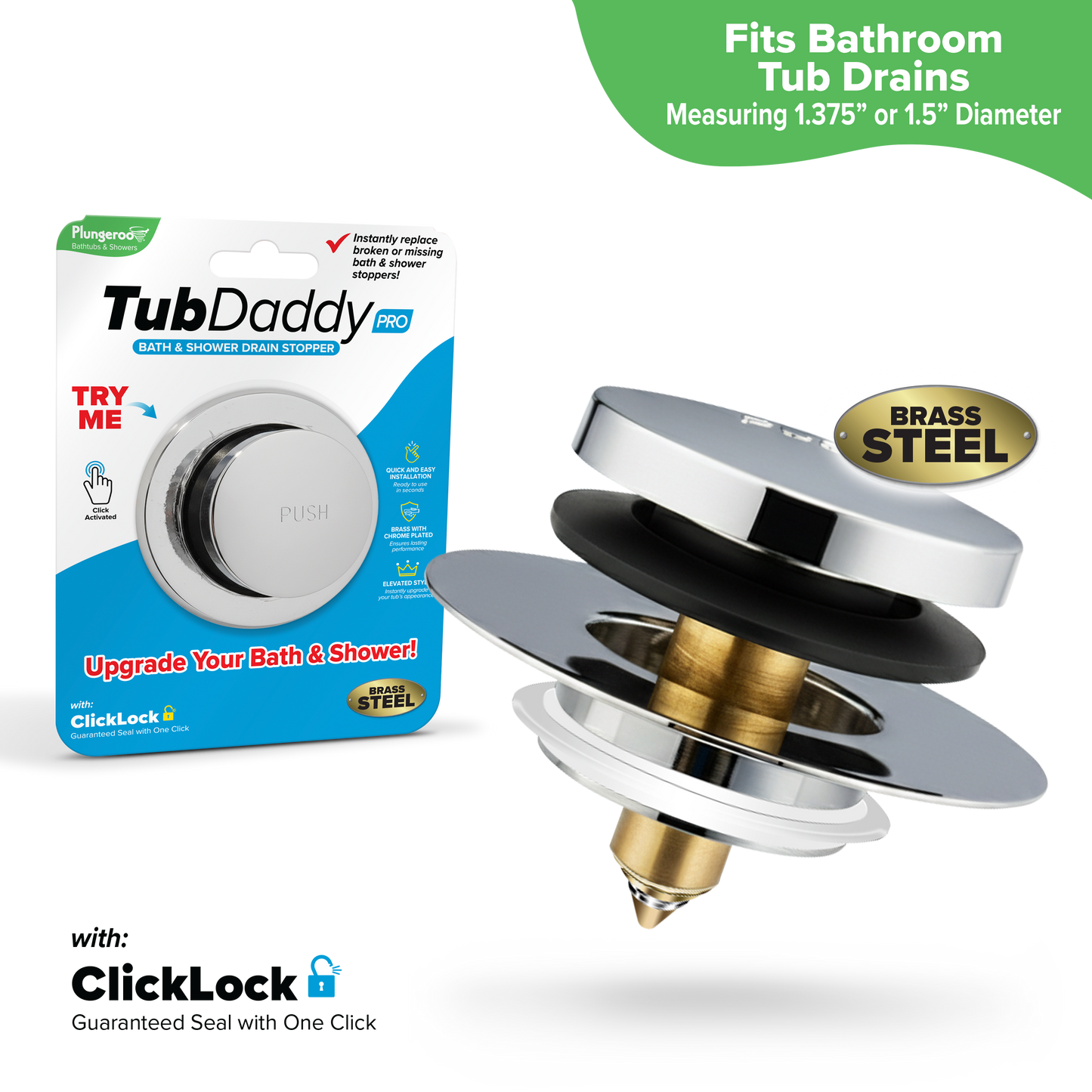 Tub Daddy Pro™ Universal Bathtub Drain Stopper – ClickLock Seal, Hair Catcher, Easy Install, Chrome & Nickel Finish
