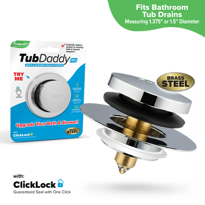 Tub Daddy Pro™ Universal Bathtub Drain Stopper – ClickLock Seal, Hair Catcher, Easy Install, Chrome & Nickel Finish