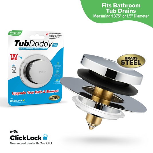 Tub Daddy Pro™ Universal Bathtub Drain Stopper – ClickLock Seal, Hair Catcher, Easy Install, Chrome & Nickel Finish