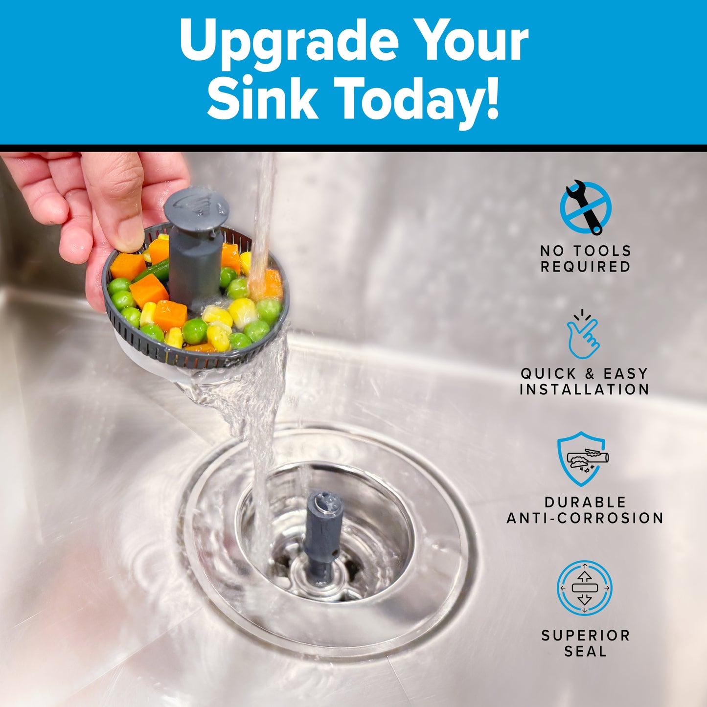 The Drain Defender Bundle | x1 Kitchen Sink Strainer, Stopper & Basket + x1 Bathroom Sink Stopper & Hair Catcher + x1 Sink Plunger