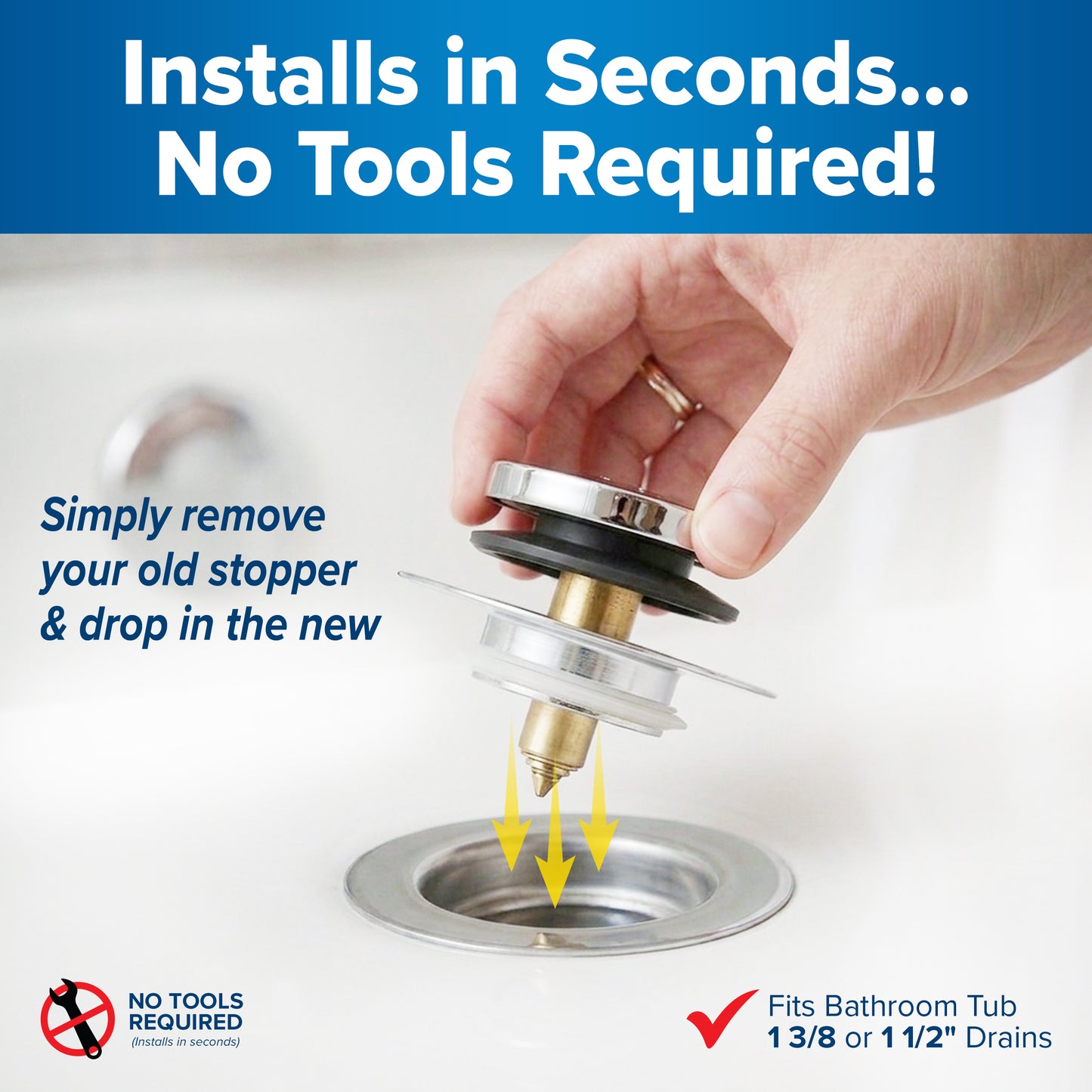 Tub Daddy Pro™ Universal Bathtub Drain Stopper – ClickLock Seal, Hair Catcher, Easy Install, Chrome & Nickel Finish