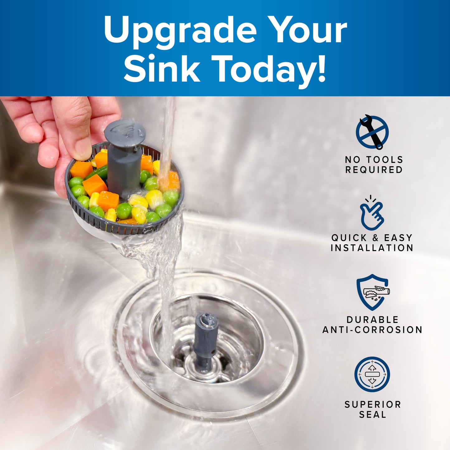 Drain Hero™ 3-in-1 Kitchen Sink Strainer, Stopper & Basket – Stainless Steel, Anti-Clog, Dishwasher Safe
