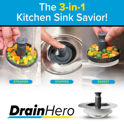 The Drain Defender Bundle | x1 Kitchen Sink Strainer, Stopper & Basket + x1 Bathroom Sink Stopper & Hair Catcher + x1 Sink Plunger