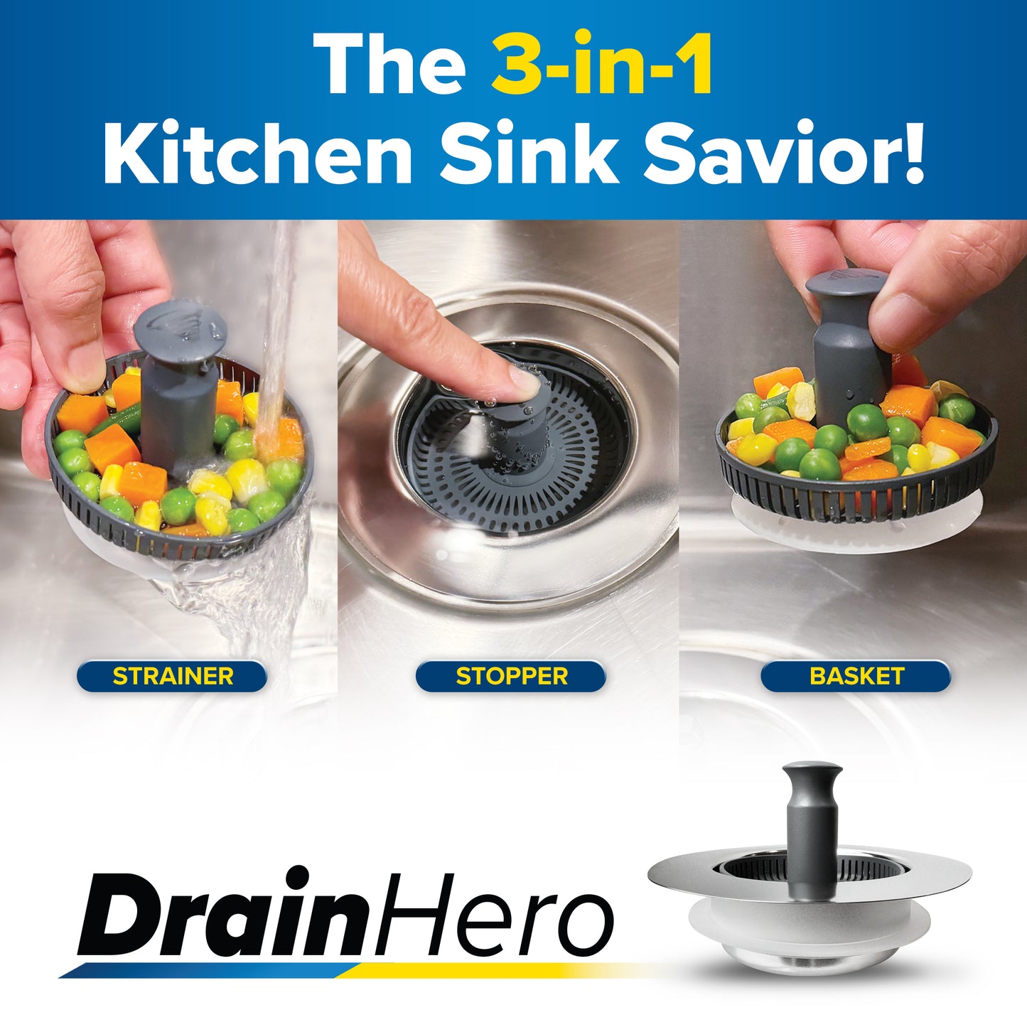 Drain Hero™ 3-in-1 Kitchen Sink Strainer, Stopper & Basket – Stainless Steel, Anti-Clog, Dishwasher Safe