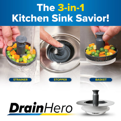 Drain Hero™ 3-in-1 Kitchen Sink Strainer, Stopper & Basket – Stainless Steel, Anti-Clog, Dishwasher Safe