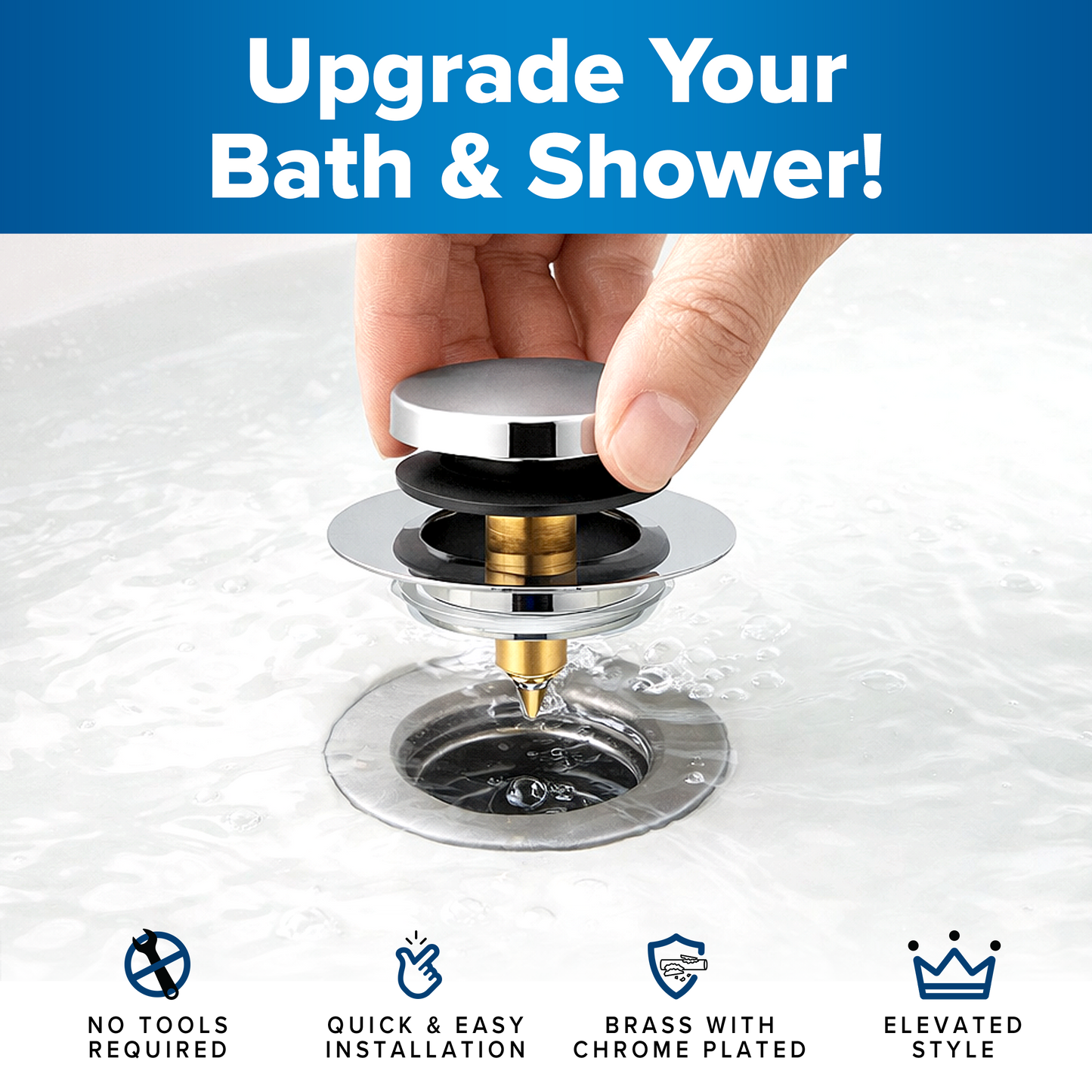 Tub Daddy Pro™ Universal Bathtub Drain Stopper – ClickLock Seal, Hair Catcher, Easy Install, Chrome & Nickel Finish