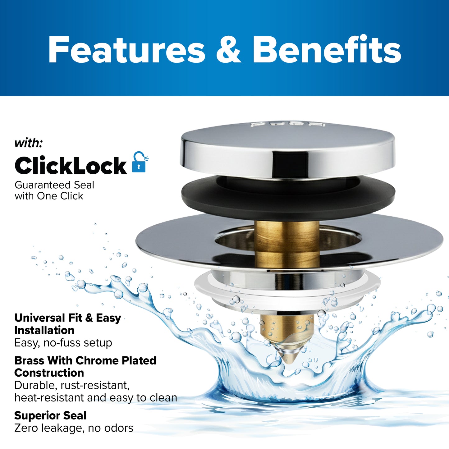 Tub Daddy Pro™ Universal Bathtub Drain Stopper – ClickLock Seal, Hair Catcher, Easy Install, Chrome & Nickel Finish