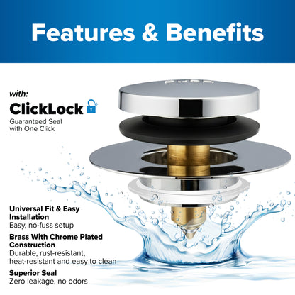 Tub Daddy Pro™ Universal Bathtub Drain Stopper – ClickLock Seal, Hair Catcher, Easy Install, Chrome & Nickel Finish