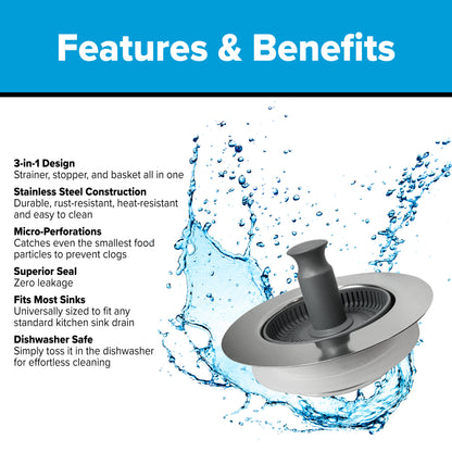 The Drain Defender Bundle | x1 Kitchen Sink Strainer, Stopper & Basket + x1 Bathroom Sink Stopper & Hair Catcher + x1 Sink Plunger