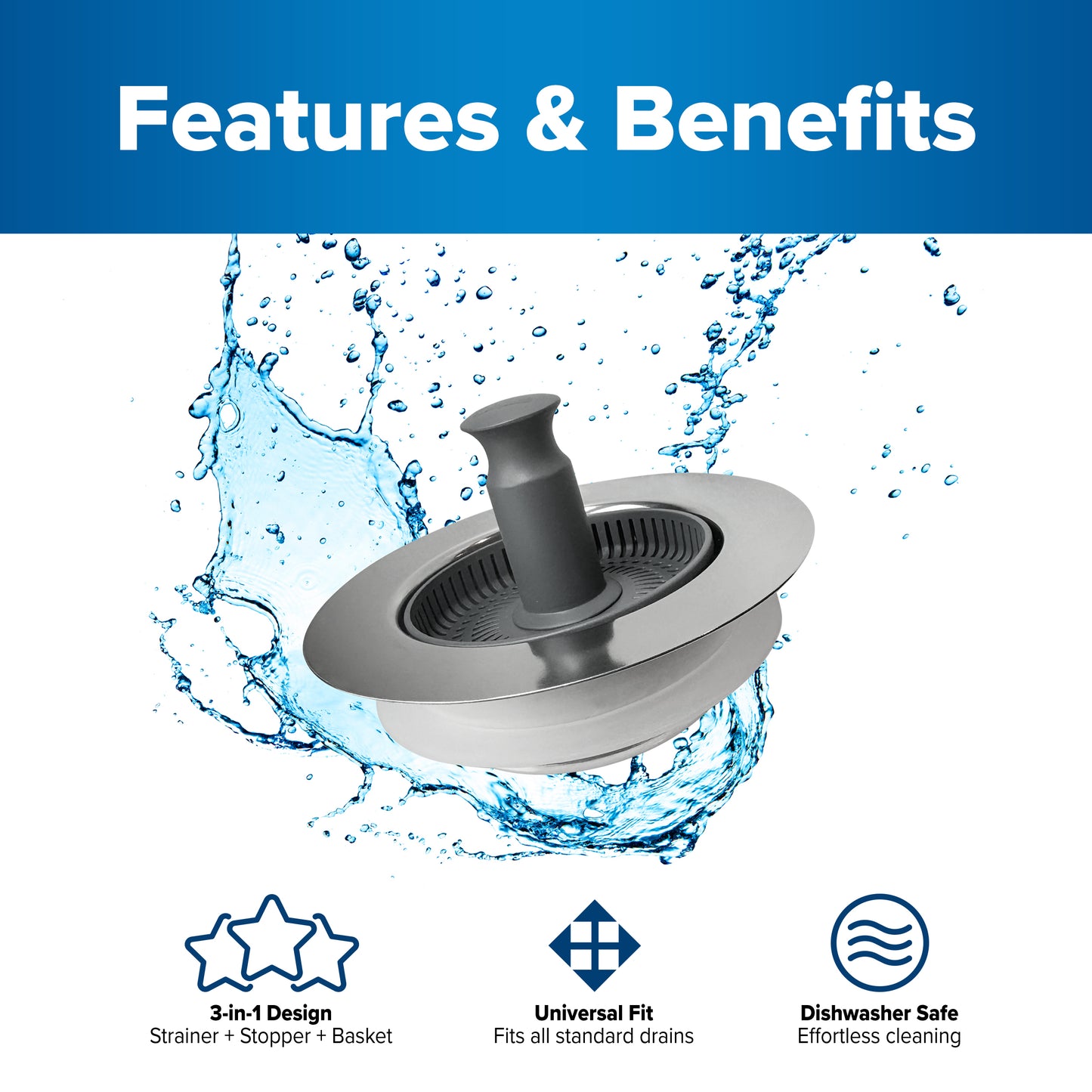 Drain Hero™ 3-in-1 Kitchen Sink Strainer, Stopper & Basket – Stainless Steel, Anti-Clog, Dishwasher Safe