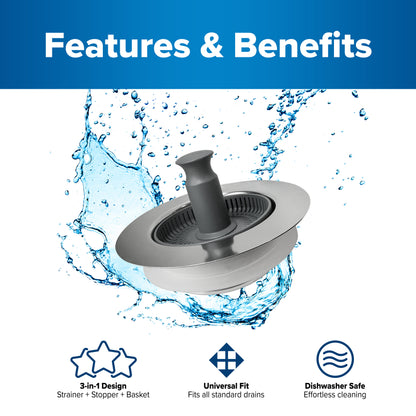 Drain Hero™ 3-in-1 Kitchen Sink Strainer, Stopper & Basket – Stainless Steel, Anti-Clog, Dishwasher Safe