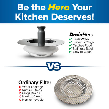 Drain Hero™ 3-in-1 Kitchen Sink Strainer, Stopper & Basket – Stainless Steel, Anti-Clog, Dishwasher Safe
