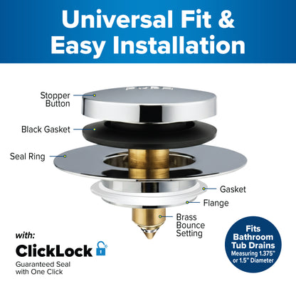 Tub Daddy Pro™ Universal Bathtub Drain Stopper – ClickLock Seal, Hair Catcher, Easy Install, Chrome & Nickel Finish