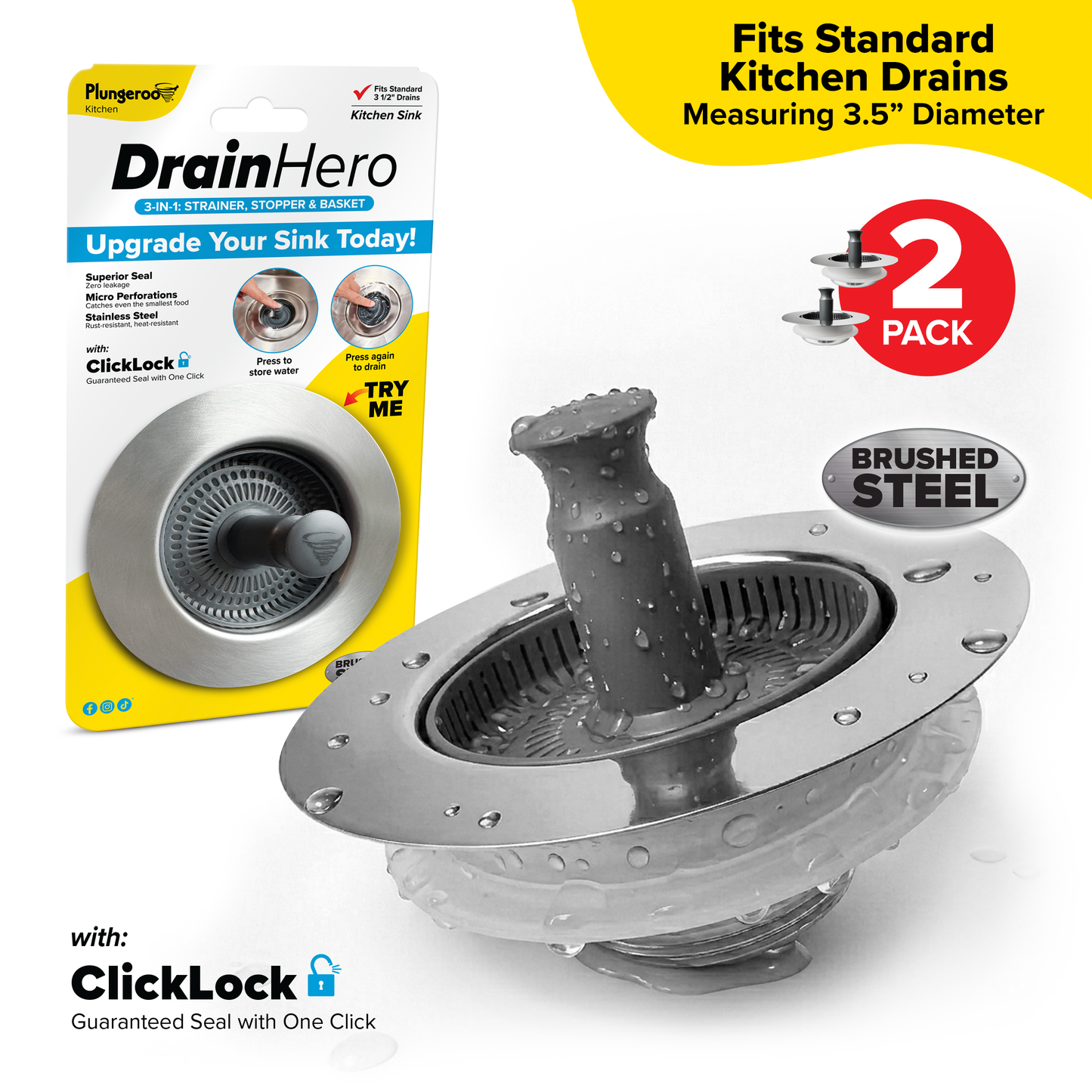 Drain Hero™ 3-in-1 Kitchen Sink Strainer, Stopper & Basket – Stainless Steel, Anti-Clog, Dishwasher Safe