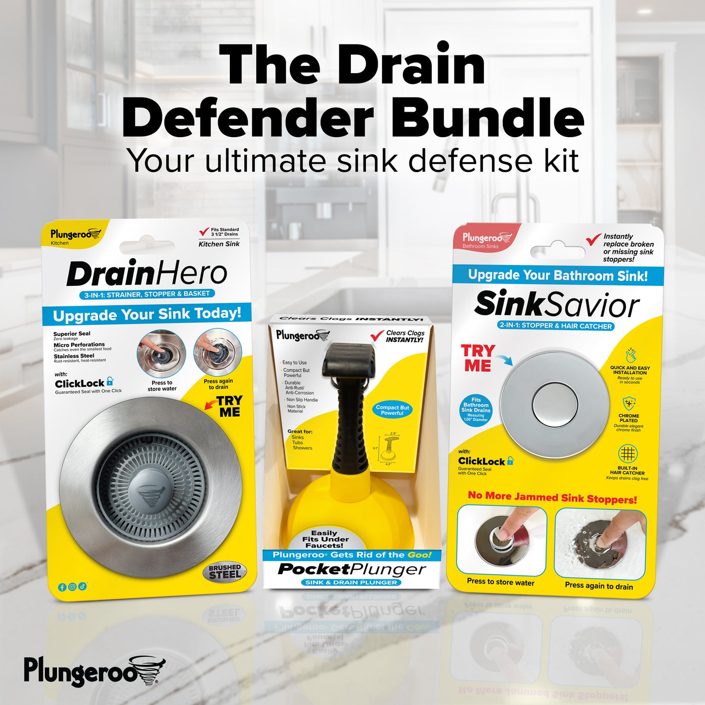 The Drain Defender Bundle | x1 Kitchen Sink Strainer, Stopper & Basket + x1 Bathroom Sink Stopper & Hair Catcher + x1 Sink Plunger