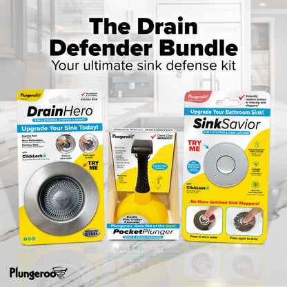 The Drain Defender Bundle | x1 Kitchen Sink Strainer, Stopper & Basket + x1 Bathroom Sink Stopper & Hair Catcher + x1 Sink Plunger