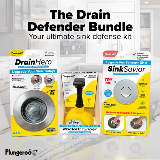 The Drain Defender Bundle | x1 Kitchen Sink Strainer, Stopper & Basket + x1 Bathroom Sink Stopper & Hair Catcher + x1 Sink Plunger